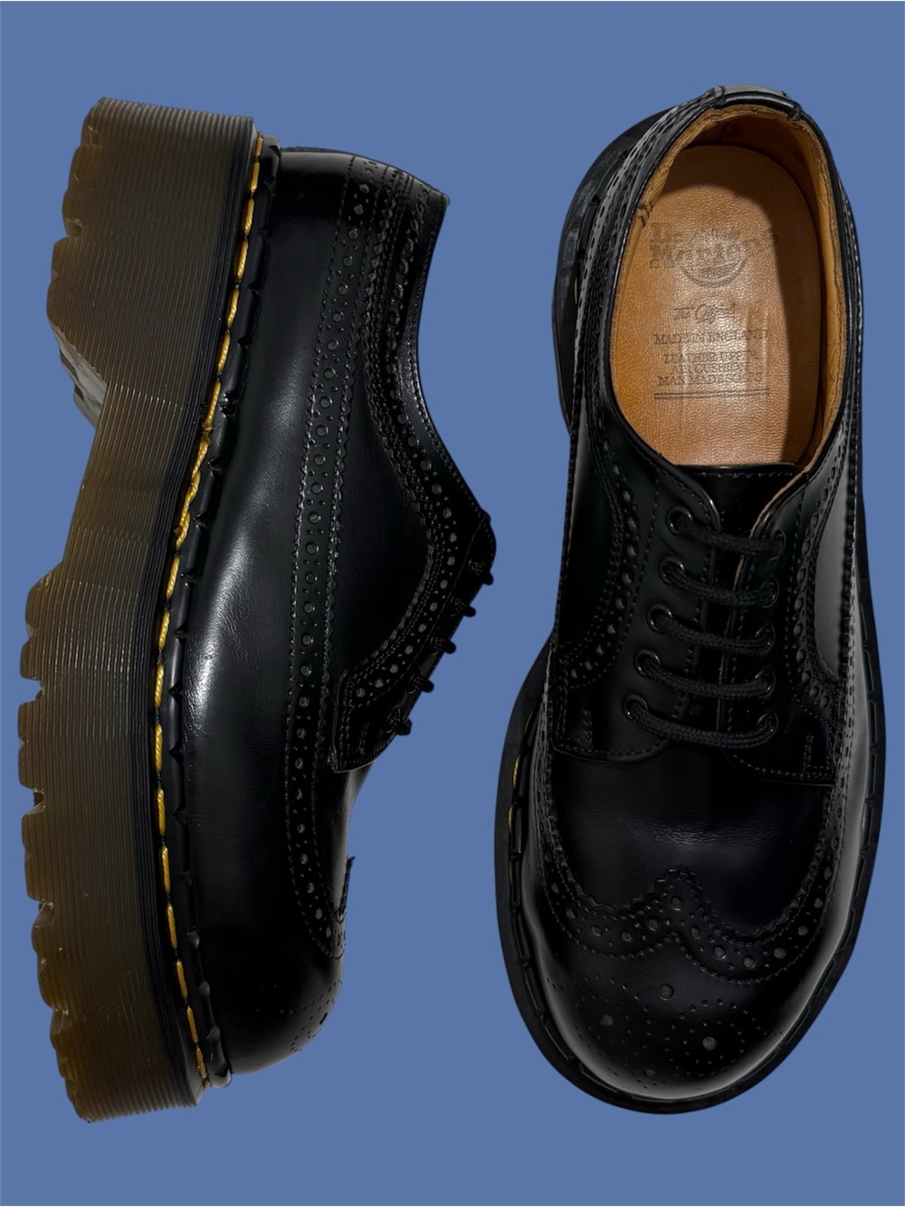 Vintage Dr. Martens Made in England Black Wingtip Platform Steel Oxfords UK 6